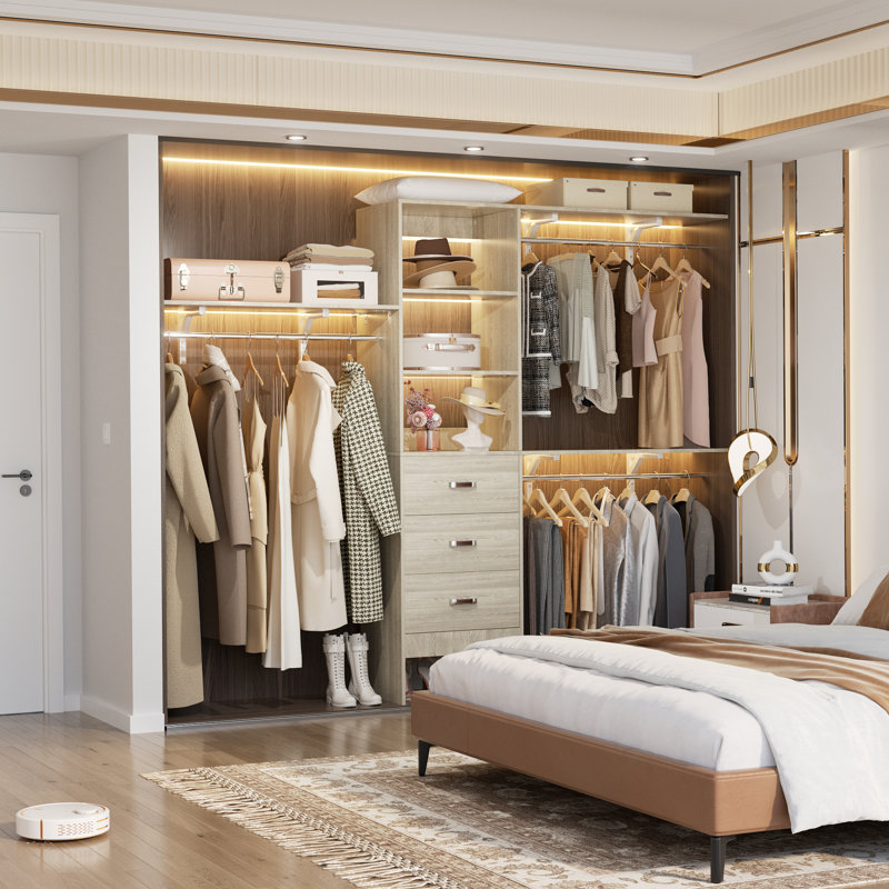 20.2'' - 96'' W Closet System with Wooden Drawers and Hanging Rods(cut To Fit), White/Oak