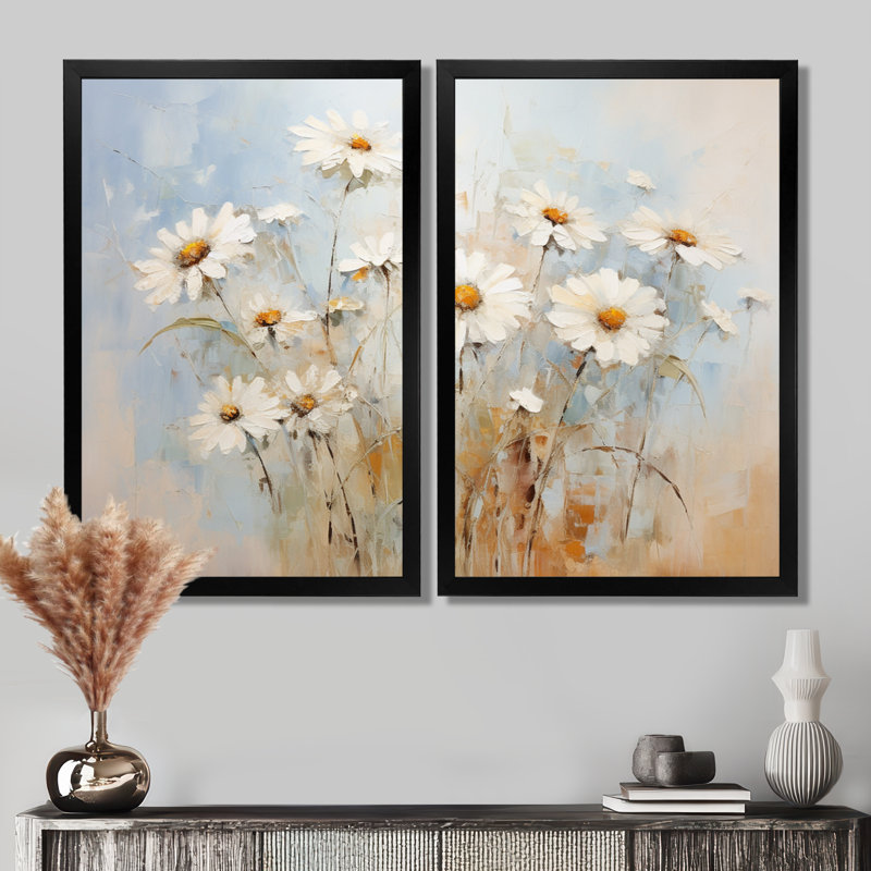 «White Daisy Fields Elegance - Daisies Large Wall Art», ensemble de 2 impressions sur toile florales blanches, Noir