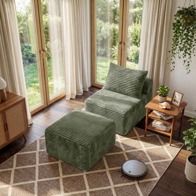 Compression Chaise Lounge and Ottoman, Upholstered Modern Deep Seat Comfy Reading Sofa Chair with Matching Pillow, Pocket Spring, No Assembly Required, Premium Flannel Fabric, for Living Room, Bedroom, Green