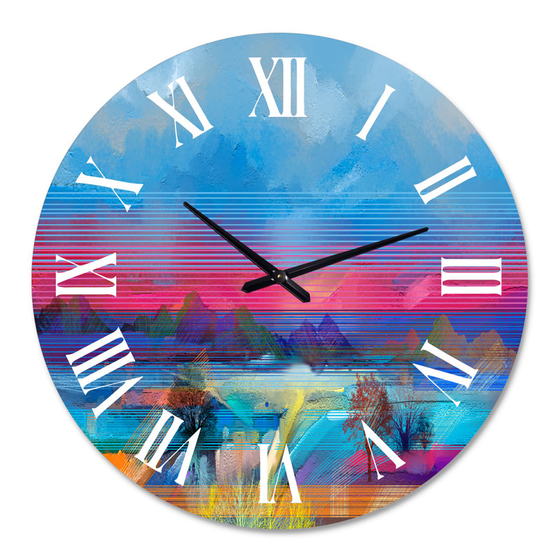 Abstrait abstrait peint à la main bleu ciel mauve coloré - horloge murale moderne, Surdimensionné