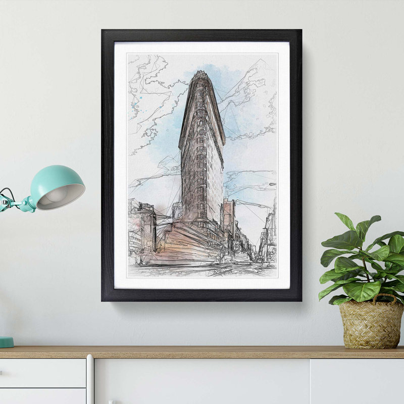 Flatiron Building in New York in Abstract - Picture Frame Graphic Art Print, 87cm H x 62cm W x 2cm D, Black Framed