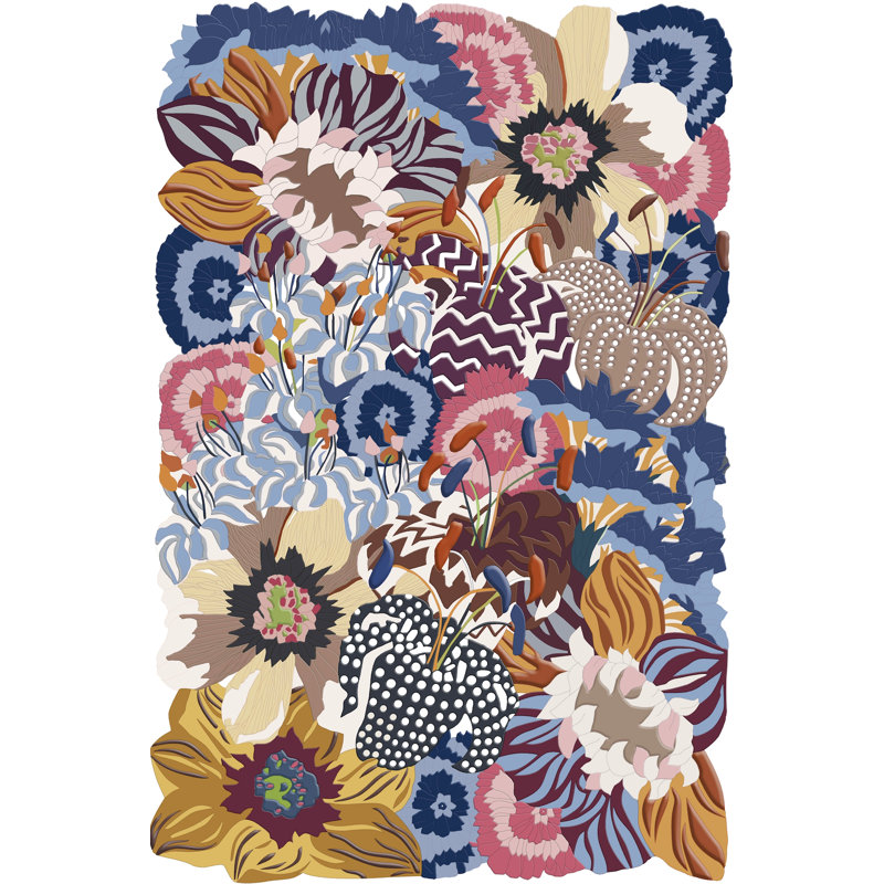 Tapis blanc tissé à motif floral, Rectangle 4 pi 11,06 po x 7 pi 6,55 po
