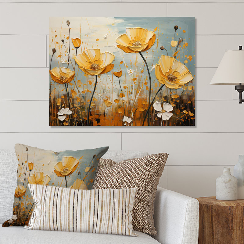 Patchwork lueur dorée jaune et gris - salon d'art mural en métal floral, H 16 po x l 32 po x P 1 po