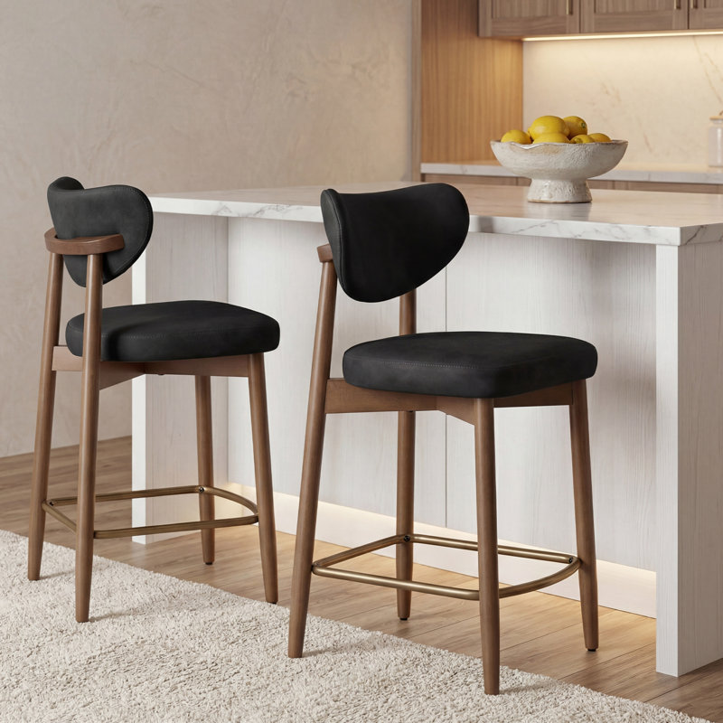 Upholstered Counter Stool Solid Wood Bar Stool (Set Of 2), Black
