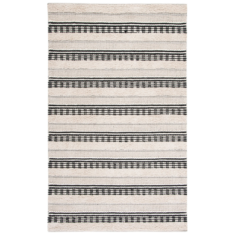 Tapis rayé beige / noir en coton tissé à la main Alva, Rectangulaire 3 pi x 5 pi