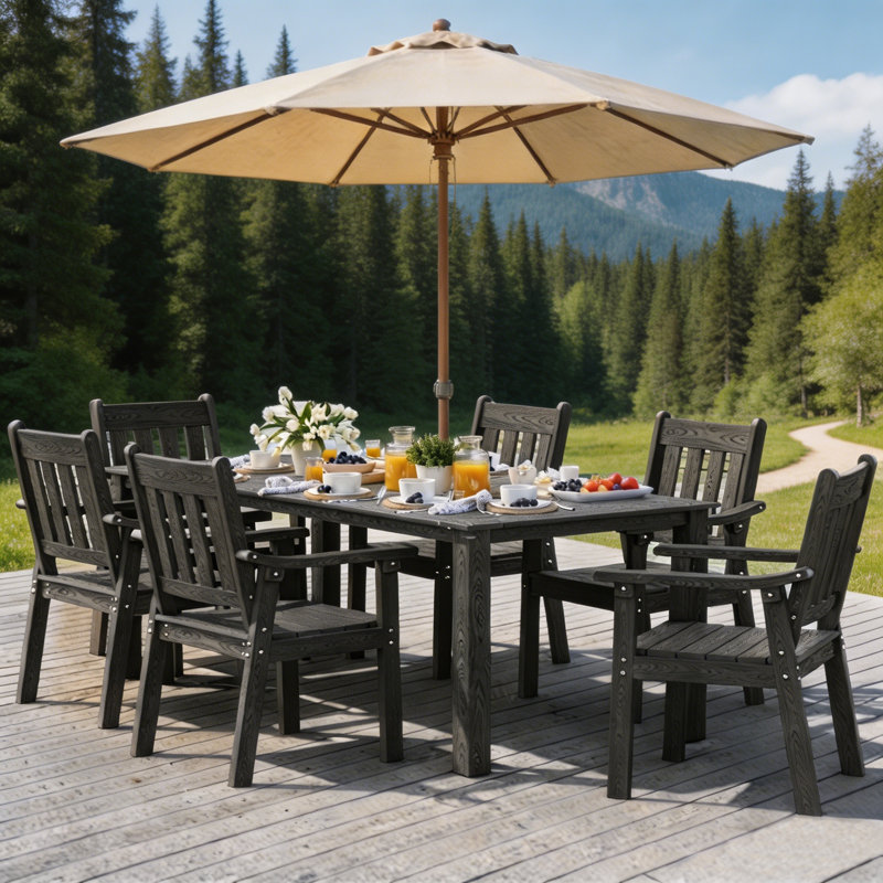 All Weather Outdoor Dining Set for 6 Person HIPS 7 Pieces Patio Dining Sets with Umbrella Hole Patio Furniture Modern Plastic Outdoor Dining Table and Chair Set for Lawn, Backyard, Porch, Deck, Black