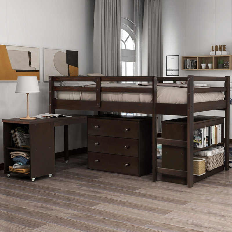 Low Study Twin Loft Bed with Cabinet and Rolling Portable Desk, Espresso