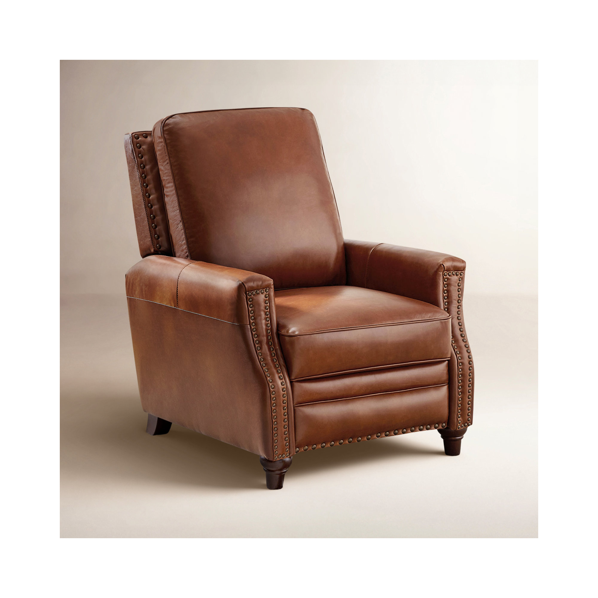 Andrena Genuine Leather Recliner with Nailhead Trim, Saddle Genuine Leather