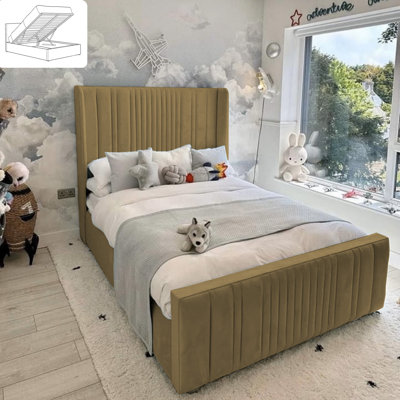 Theseus Bed - Wingback Ottoman Storage with Plush Velvet Gas Lift and Headboard