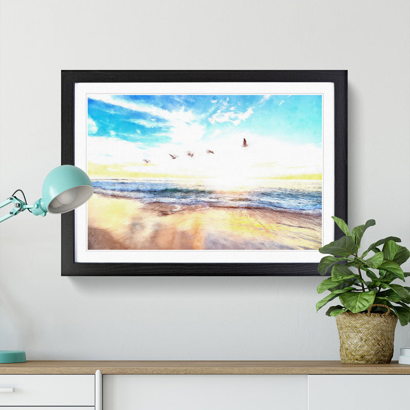 Seagulls Over A Beach In San Diego - Single Picture Frame Painting on MDF, 33cm H x 45cm W x 2cm D, Black Framed