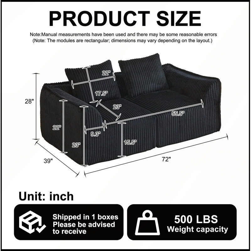 Ensemble de canapé Minimalist 3 + 2 places en velours côtelé avec lignes courbes et dossier légèrement incliné, livré avec 5 coussins décoratifs en forme de corne