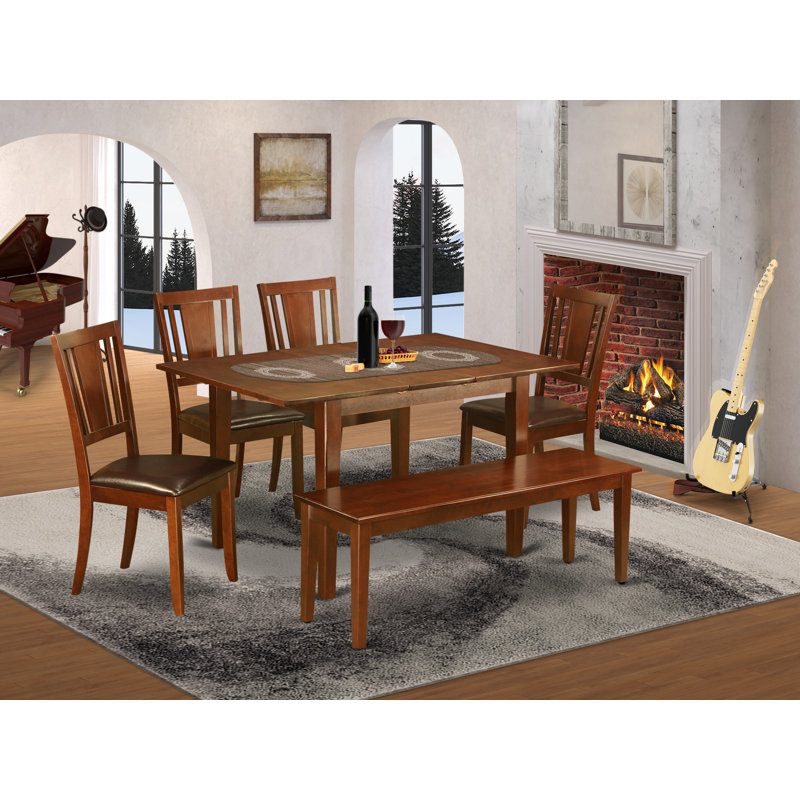 6 Piece Dinette Set Contains a Rectangle Dining Room Table with Butterfly Leaf and 4 Faux Leather Dining Chairs with a Bench, Mahogany
