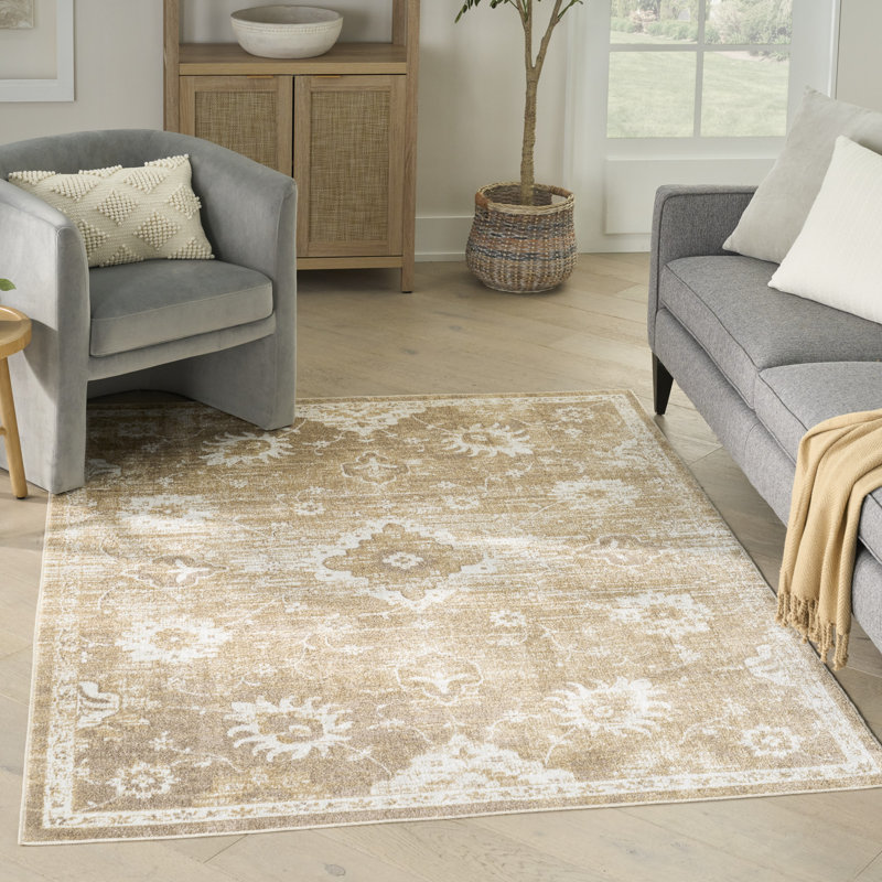 Bungalow Rose Bussie Machine Washable Ivory Gold Vintage Indoor Rug, Rectangle 5'3" x 7'