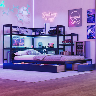 Gaming Daybed With Integrated Desk And LED Light, Modern Wooden Bed Frame With 3 Storage Drawers And Built-In Charging Station, Multi-Functional Headboard Bookcase