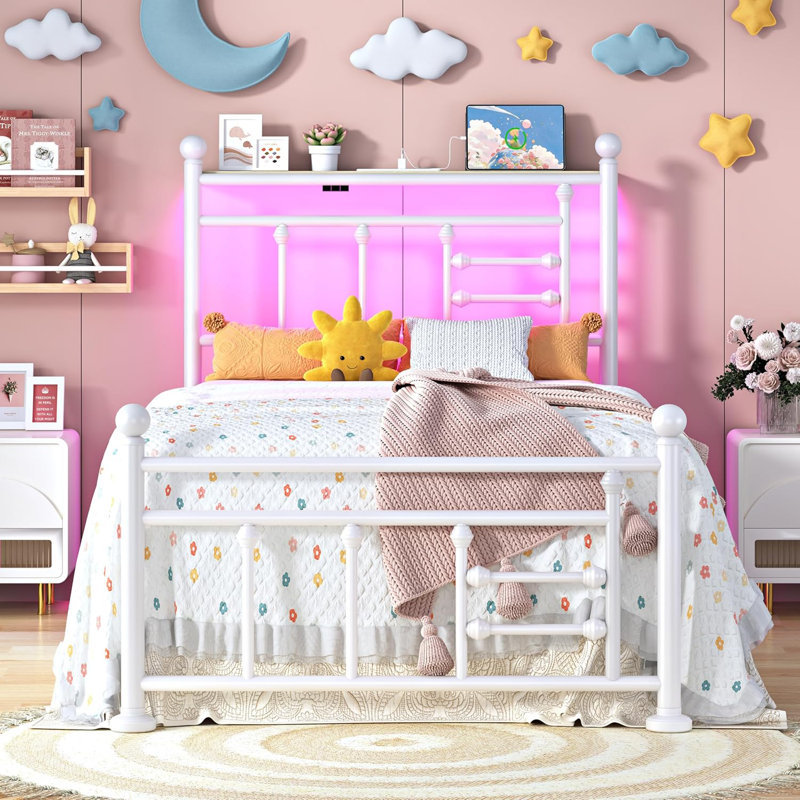 Metal Platform Bed Frame with Built-in Charging Station & LED Lights, Vintage Style Headboard and Footboard, Twin, White
