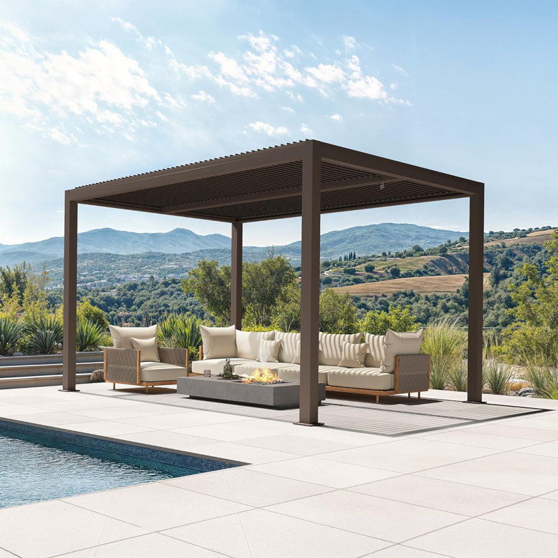Purple Leaf 10' D X 12' W Louvered Pergola Aluminum Pergola With Adjustable Louvered Roof Outdoor Hard Top Pergola, Bronze
