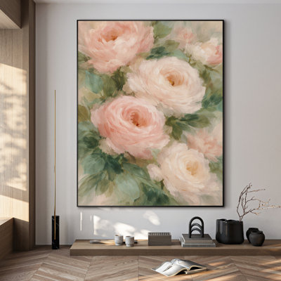 Très grand art mural imprimé sur tissu - Doux rose floral jardin romantique, décor neutre pour le salon ou la chambre à coucher - «Assemblage requis du cadre (cadre non fini)»