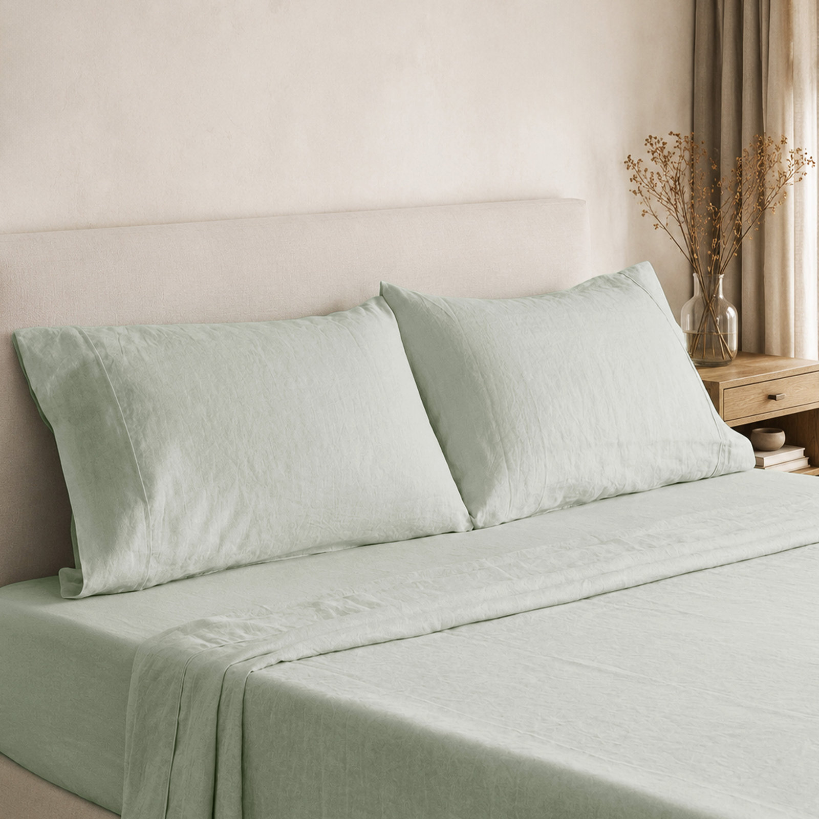 100% Flax Linen Solid Breathable Sheet Set with Pillowcases, Full, Desert Sage
