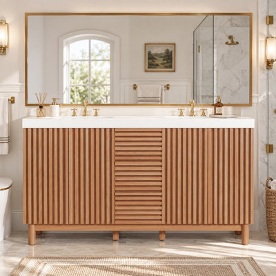 Meuble-lavabo double sur pied de 150 cm (59 pouces), meuble-lavabo moderne avec double lavabo en résine SMC, caisson en MDF avec pieds en bois massif, charnières à fermeture amortie, système de tiroirs dissimulés, meuble de rangement pour la rénovation de salle de bain principale
