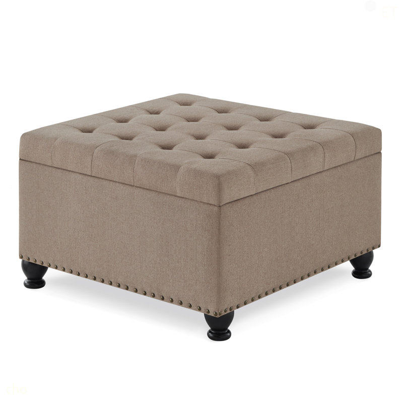Large Square Storage Ottoman With Wooden Legs, Upholstered Button Tufted Coffee Table With Nail Trims For For Living Space,Linen