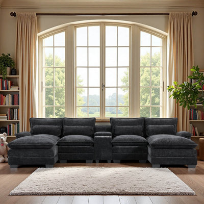 Canapé modulaire en U de 123 x 55 po avec console, porte-gobelets et chargeur USB, mobilier d'intérieur symétrique à 6 places, canapé en chenille confortable avec méridienne pour salon, appartement