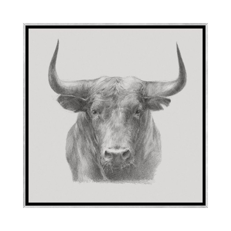 «Black Bull» par Ethan Harper - dessin, reproduction, H 37 po x l 37 po x P 1,5 po, Toile avec cadre argenté, Pas de tapis
