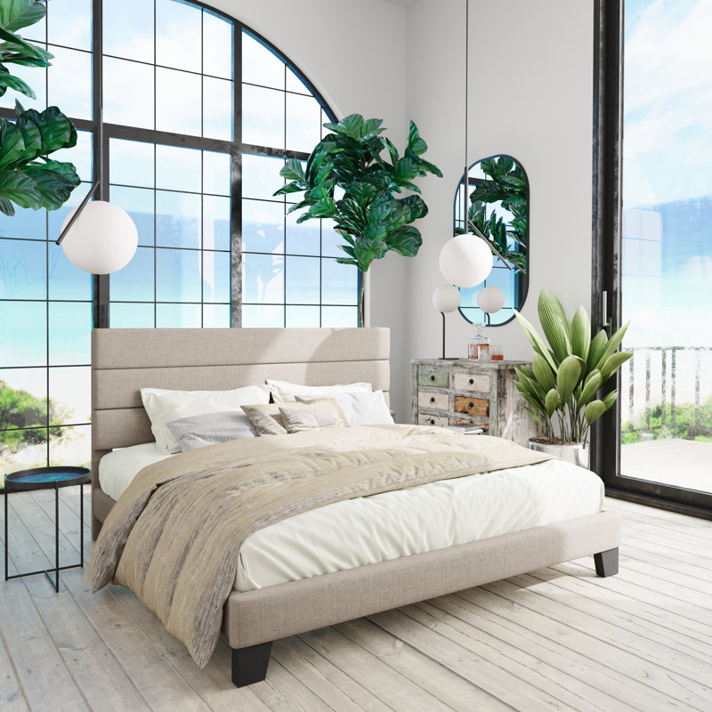 Lit plateforme Elison avec tête de lit tapissier en tissu et lattes en bois, Double, Grège