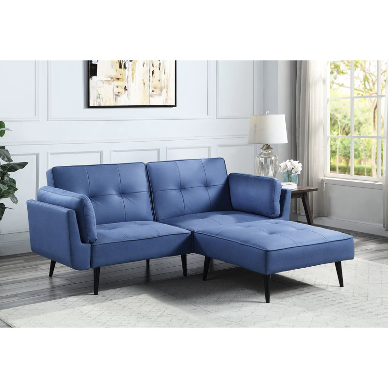 Tissu bleu et convertible au lit, structure intérieure en bois, pattes arrières Kd, housses de coussin amovibles, profondeur de siège de 54 po, hauteur réglable de 20 po avec siège à ressorts ensachés, couchette, oreillers inclus, bouton en métal,