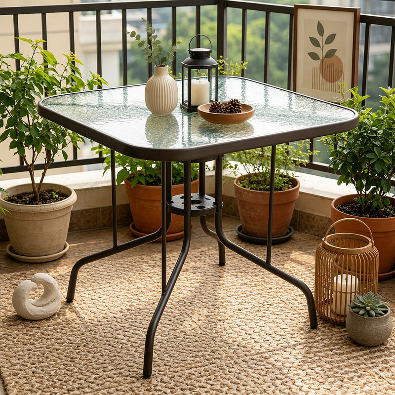 Table de salle à manger de patio de 35 pouces avec plateau en verre trempé Tangkula, table de bistro carrée pour 4 personnes avec trou pour parasol de 1,5 po et structure en métal robuste, table de salle à manger de patio pour la cour, la pelouse, la terrasse et la piscine