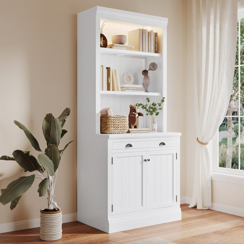 83.4" Tall White Solid Wood Bookcase with LED Lighting and Doors
