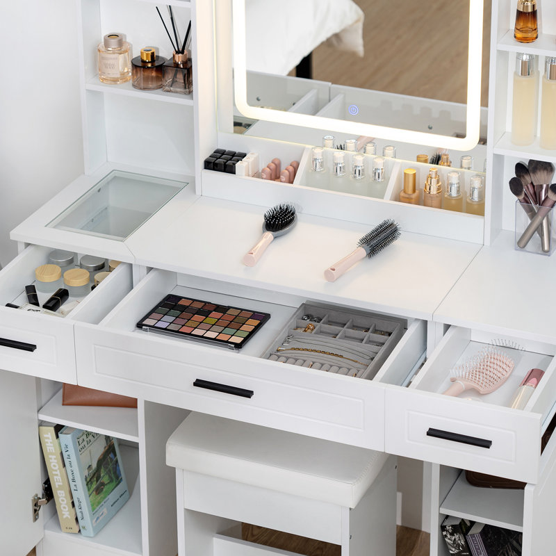 Makeup Vanity Desk With 3-Color LED Lighted Mirror & Power Outlet