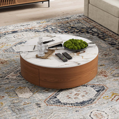  Table basse tambour, plateau en pierre frittée, 2 tiroirs en bois massif, entièrement assemblé