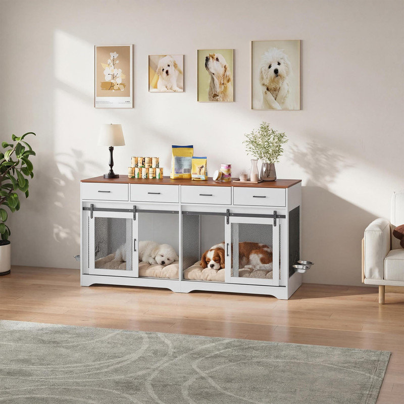 Meuble de 71 po pour grand lit double 71 po - blanc, 4 portes coulissantes et 4 tiroirs, chenil d'intérieur avec bols