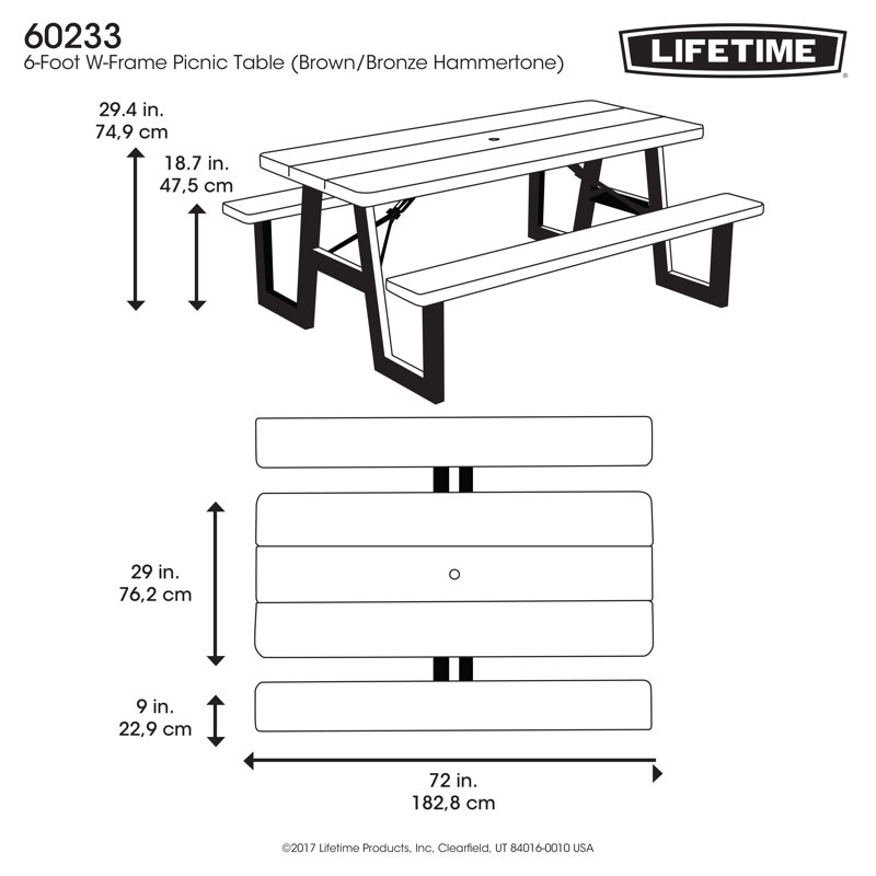 Bronze Hammertone Steel Frame Rectangular Folding Picnic Table with Resin Top
