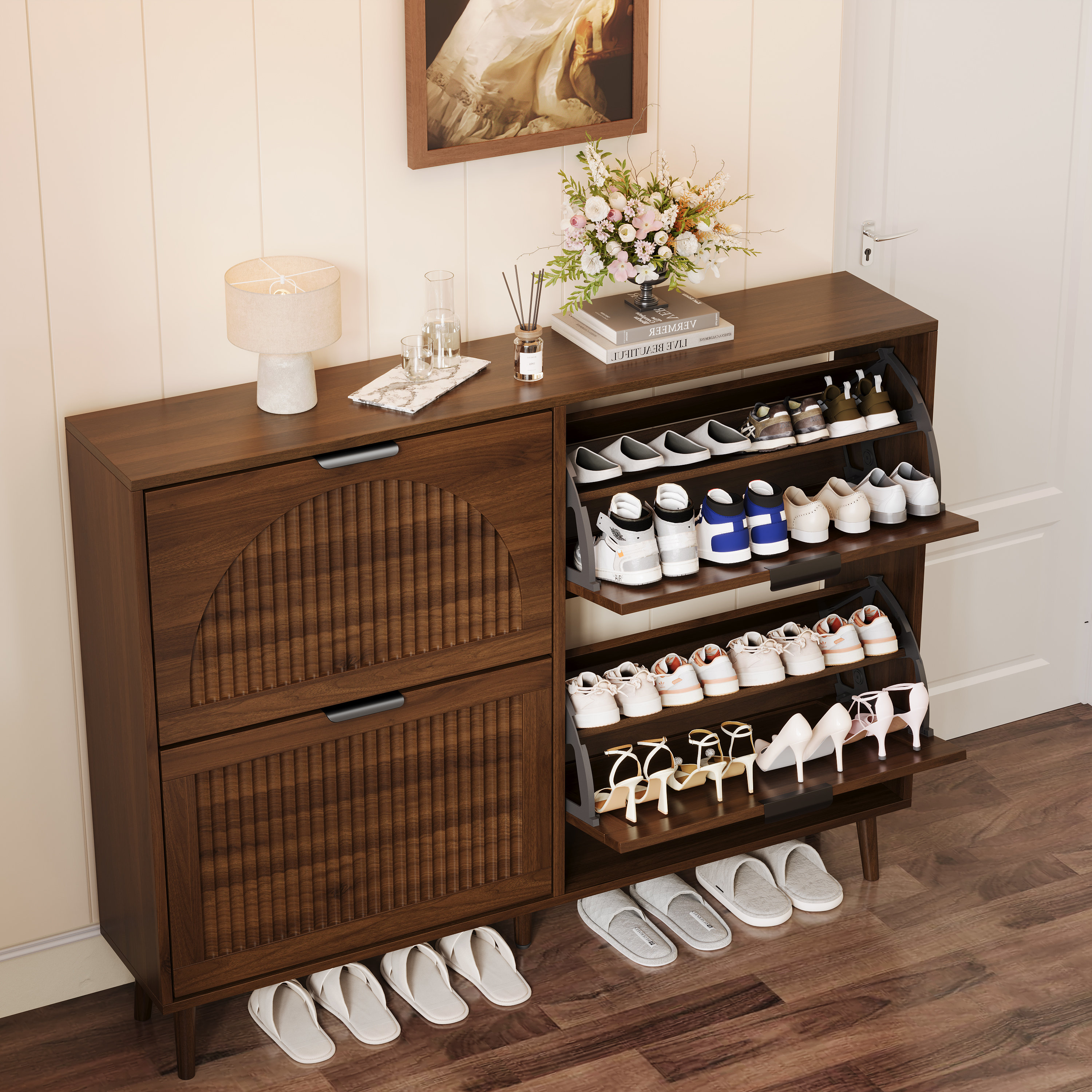 47.2" W 32 Pairs Shoe Storage Cabinet with 4 Flip Drawers, Freestanding Shoe Cabinet with Fluted Panel for Entryway - Brown