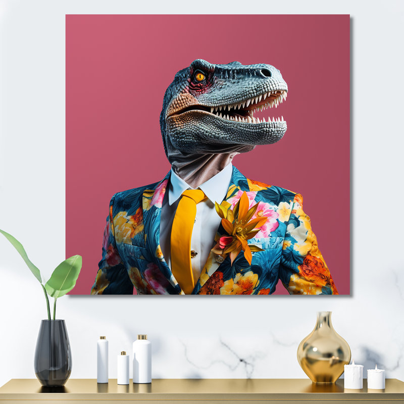 Habillage de dinosaure jaune et rose à la mode - art de mur de dinosaure, Black Picture Framed, 16" H x 16" W