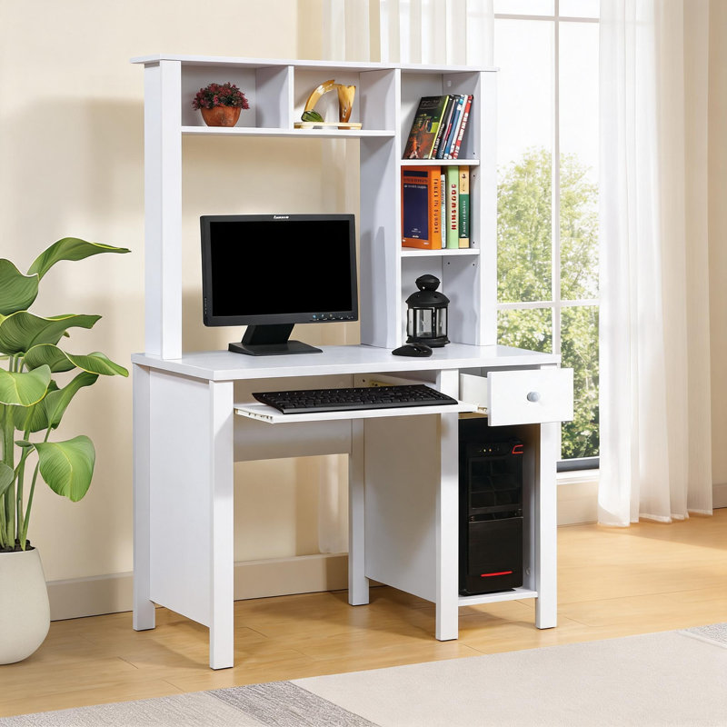 Bureau d'écriture compact de 39 pouces avec huche en finition blanche, panneau de fibres à densité moyenne et panneau de particules, tiroir à clavier, 5 tablettes