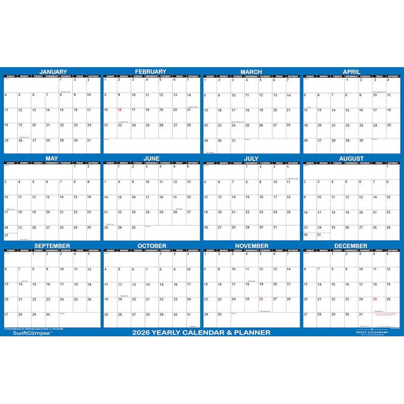 Grand calendrier mural effaçable humide et sec 32 po x 48 po SwiftGlimpse 2026