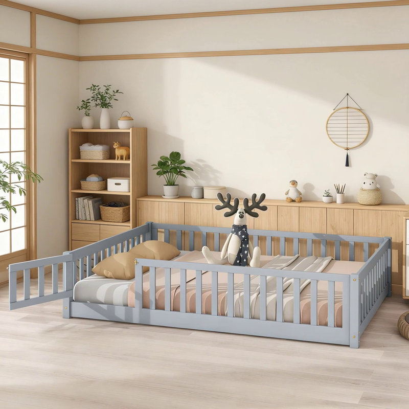 Full Size Floor Bed With Safety Guardrails And Door, Ideal For Kids' Play And Sleep In Compact Spaces, Grey, Full, Gray