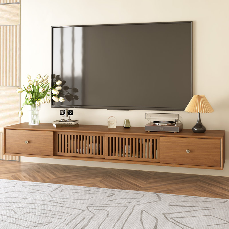 8.7” Floating Solid Wood TV Stand with Louvered Sliding Doors, Drawers & Ventilation Holes, Wall-Mounted Media Console for Living Room