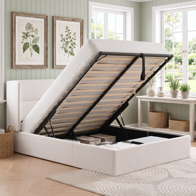 Lit plateforme tapissier avec rangement Gaillarde, Grand, Blanc