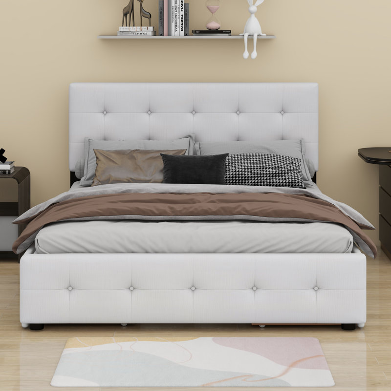 Lit plateforme tapissier avec tête de lit classique et 4 tiroirs, blanc