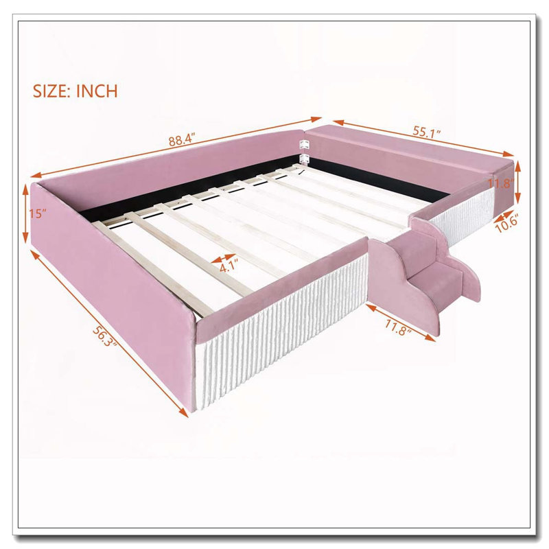Velvet Upholstered Daybed with Stairs, Gas Lift Storage Ottoman, Full, Pink+White