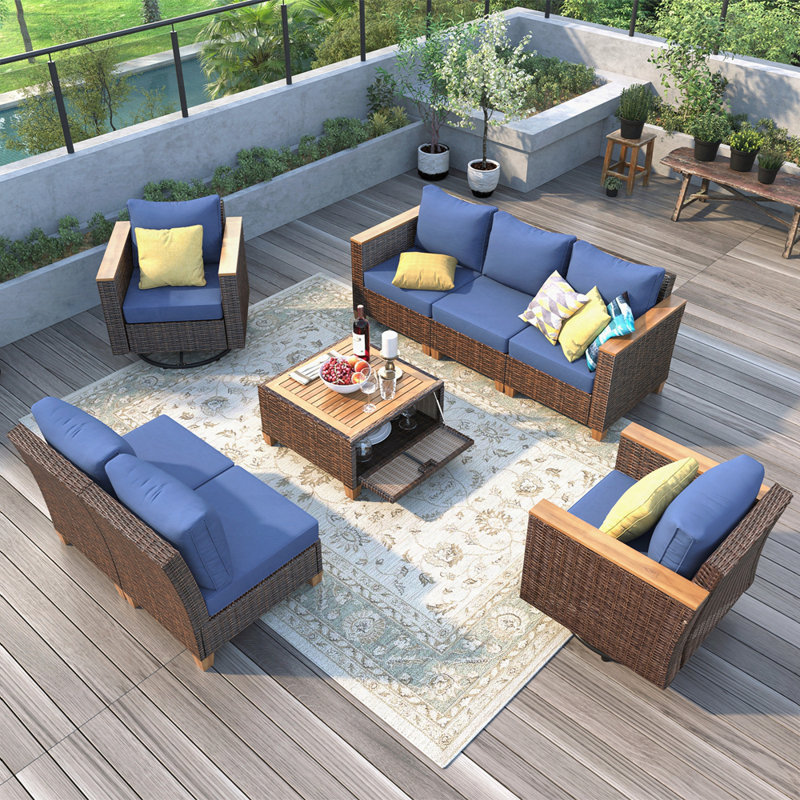 Ensemble 8 pièces de mobilier d'extérieur en osier avec coussin épais, Coussin bleu / cadre brun foncé