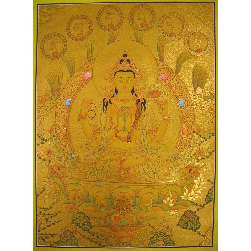 Chengrezig avec Mantra Thangka (Brocadeless Thangka)