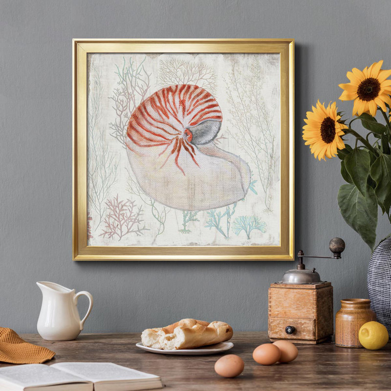 Corail et coquille I - peinture sur toile encadrée, Or, H 17,5 po x l 17,5 po x P 1,5 po