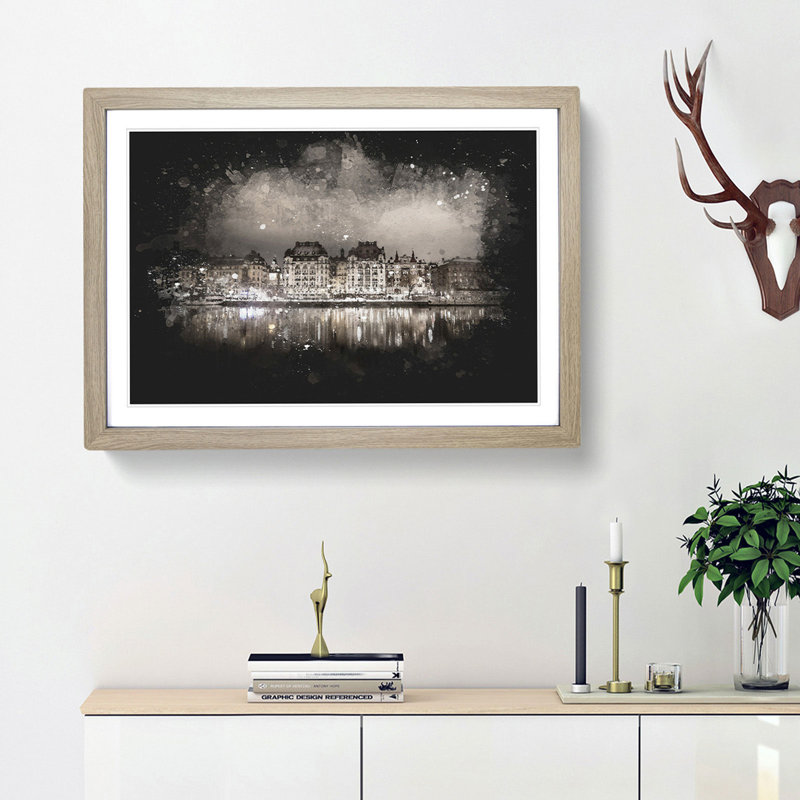 Reflection Of Stockholm In Sweden - Picture Frame Graphic Art, Oak Framed, 33cm H x 45cm W x 2cm D