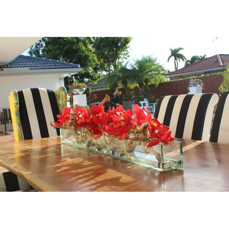 Driftwood Cymbidium Orchids Centerpiece in Glass Planter, 16" H x 48" W x 4" D, Red