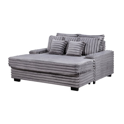 67"W Oversized Gray Corduroy With Cupholders, And -C, 5 Throw Pillows, 19.5" Seat, 49" Wide, 38" Deep, 18.5" Back, Arm, 2"H Legs, Full Foam Seating Chaise Chair Cupholders On Arm Ends, Charging Port,