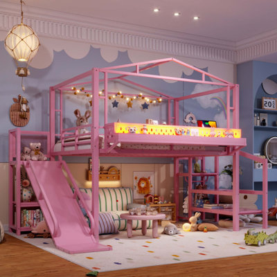 Lit mezzanine avec escalier de rangement, tablettes et garde-robe intégrée, cadre de lit mezzanine en métal avec ports USB et lumières DEL, conception à bruit réduit